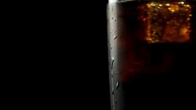An ice cube is added to an alcoholic drink on a black background and stirred, space for text