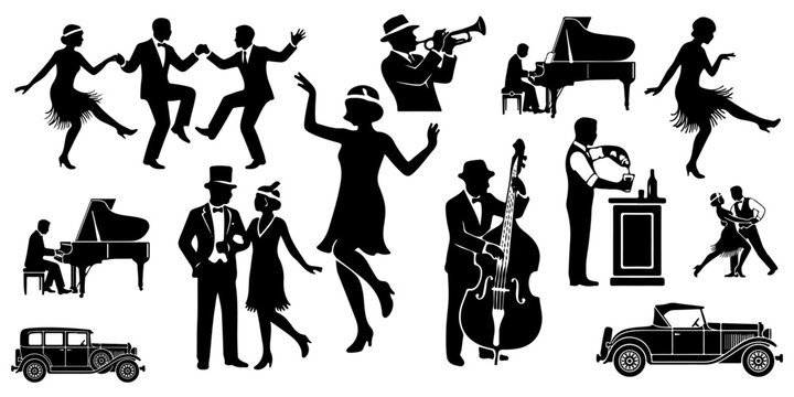1920s Jazz Age speakeasy silhouettes set. Vector collection of flapper dancers, jazz musicians, vintage cars, and Great Gatsby style party characters isolated