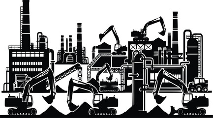 Obraz premium Industrial factory with excavators and heavy machinery working black silhouette vector illustration isolated on white
