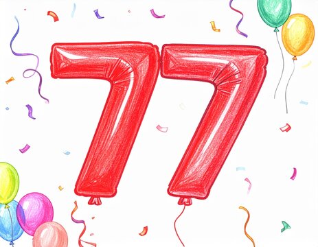 Pencil drawing of red number 77 balloon. Sketch for birthday or anniversary party