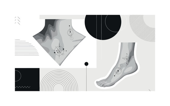 micro tattoo intersecting geometric lines circles and abstract dot icons detailed black and white subtle minimal tattoos on collarbone and ankle with white