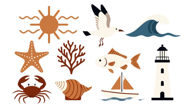 Beach and sea icons including sun seagull starfish coral crab shell fish lighthouse and sailboat