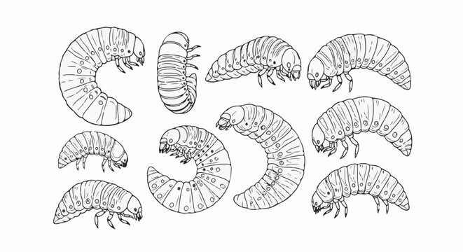 Detailed line drawings of various insect larvae in different poses against a white background