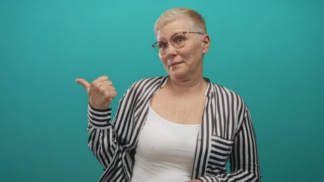 Woman with glasses and striped shirt points thumb to side in teal studio, short cropped hair and tank top visible; wry skepticism.