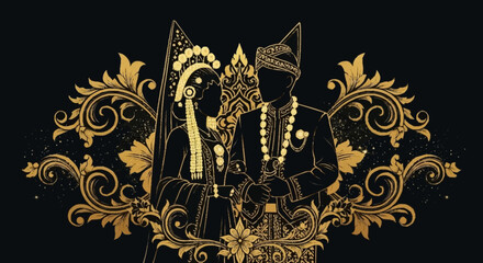 Elegant couple dressed in traditional attire surrounded by ornate gold floral patterns © dhanu