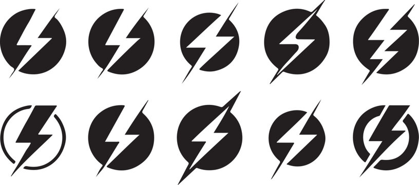 lightning bolt icon set in editable stroke and filled. electric set and vector design on transparent background