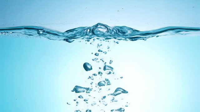 Clear blue water surface with rising bubbles and ripples abstract background