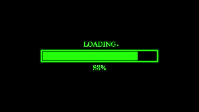 Green loading bar at 0 - 100 % on black background with progress bar with loading screen with buffering indicator