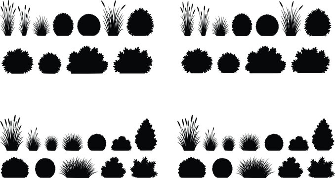 Set of grass and bush silhouettes isolated on white background black vector illustration for nature scenes
