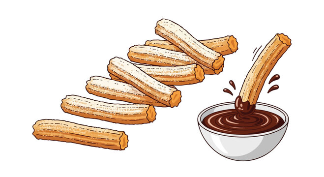 Illustration of chocolate sauce being poured into a bowl with scattered churros on a white background.