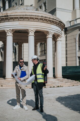 Fototapeta premium An architect and an engineer examine blueprints while standing in front of a neoclassical building. The pair discuss plans on site during a construction inspection.