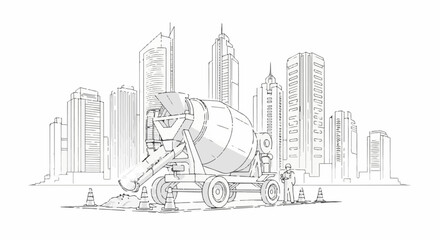 Fototapeta premium Concrete mixer truck at a construction site with city buildings in background