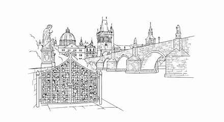 Obraz premium Black and white sketch of a stone bridge with ornate gate and statues