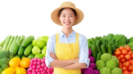 Obraz premium Confident Female Farmer at Colorful Produce Stall, vibrant market scene, welcoming shoppers with a smile, showcasing fresh fruits and vegetables, engaging and friendly atmosphere