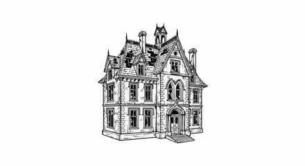 Obraz premium Black and white sketch of a dilapidated, multi-story manor house with broken windows
