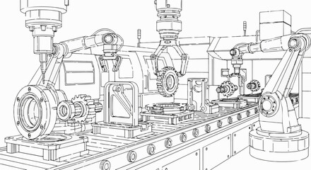 Obraz premium Automated factory assembly line with robotic arms and conveyor belts