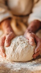 Fototapeta premium Artisan Bread Shaping in a Rustic Kitchen, hands skillfully molding dough into a loaf, warm ambiance, inviting atmosphere, authentic baking experience, editorial lifestyle setting