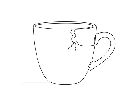 Fractured Coffee Cup. Minimalistic one-line drawing mug with small crack across ceramic body, continuous single black line on white background, simple outline
