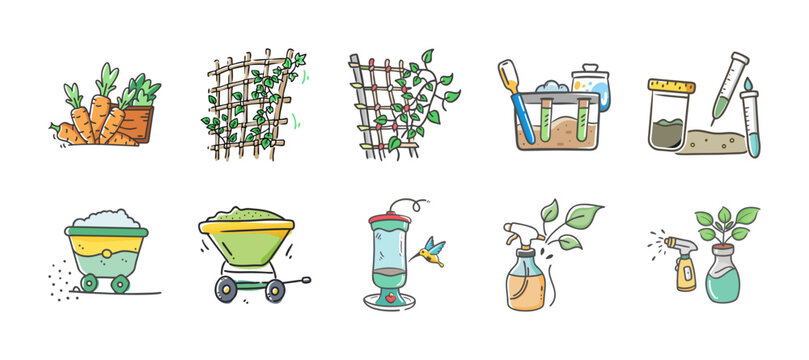 Carrot harvest, trellis, science experiment, and bird feeder icons.