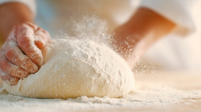 Artisan Hands Crafting Dough, close-up view of skilled hands kneading soft dough, flour dust dancing in warm hues, showcasing the texture and artistry of traditional baking