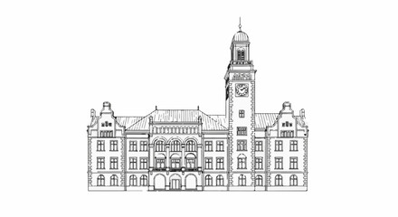 Obraz premium Sketch of a large, ornate building with a prominent clock tower and arched windows