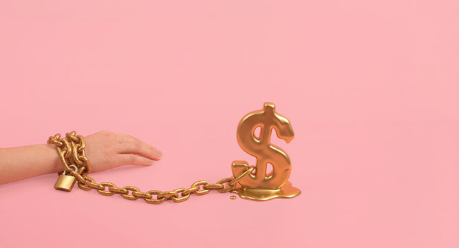 Financial control concept, hand restricted by chained dollar symbol, economic limitation and wealth constraint