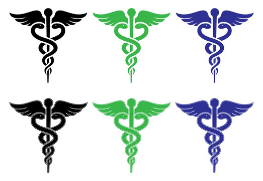 caduceus medical symbol set featuring healthcare, medicine, doctor, hospital, pharmacy, clinic, emergency and health icons with winged staff snake design in multiple styles and colors, medical