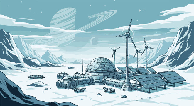 Pixel art scene of an extraterrestrial base with wind turbines and solar panels