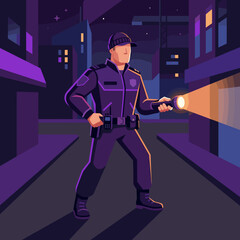 Fototapeta premium A vigilant police officer in uniform is on patrol, holding a brightly lit flashlight and scanning a dark, narrow city alley at night, ensuring public safety.