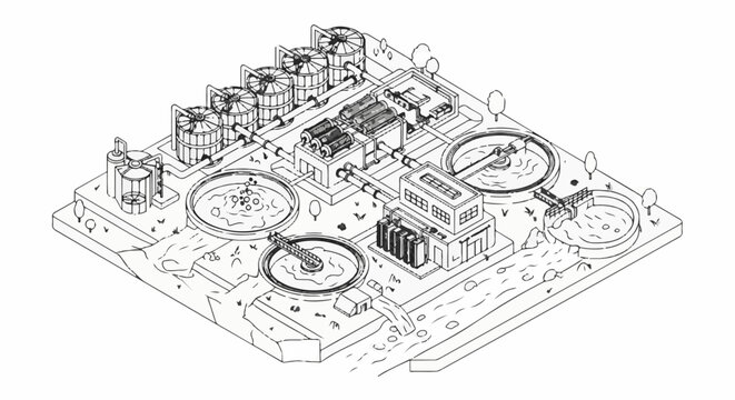 Isometric illustration of a complex water treatment facility with tanks and pools