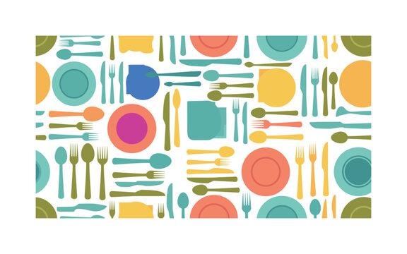 dining arrangement patterns seamless pattern, repeating pattern, surface design, textile print, modern illustration of forks, knives, spoons, teaspoons, plates