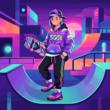 A cool young skateboarder stands confidently on a half-pipe in a vibrant skate park during a colorful sunset, holding their board and enjoying the urban atmosphere.