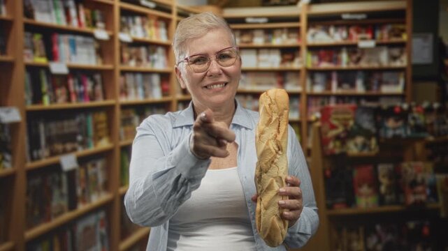 Woman holding baguette points finger at camera in library aisle, smiling warmly; friendly invitation.