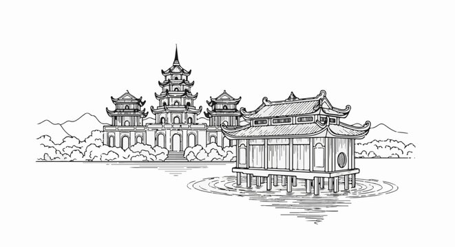 Sketch of Asian pagodas and a stilted house over water