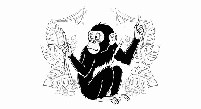 A black and white cartoon of a worried monkey hanging from vines with large leaves