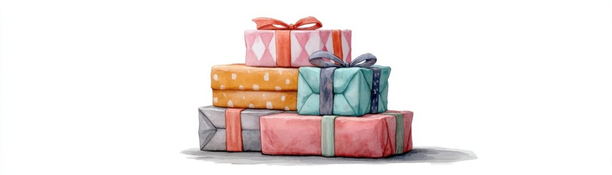 stack of colorful gift boxes wrapped with decorative ribbons and paper bows for festive celebrations