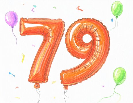 Pencil drawing of orange number 79 balloon. Sketch for birthday or anniversary party