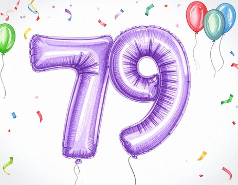 Pencil drawing of purple number 79 balloon. Sketch for birthday or anniversary party