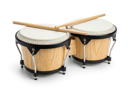 A pair of bongos with drumsticks on top