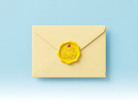Beige envelope with yellow wax seal and crab embossing on light blue background  stationery and correspondence concept