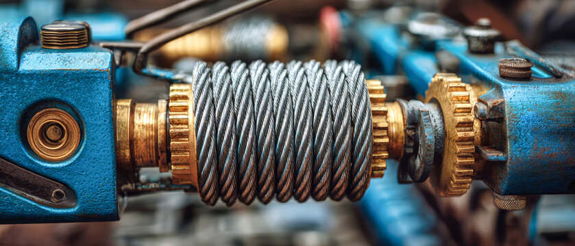 Steel cable connects winch and gears for lifting loads. Blue pliers and tools arranged neatly nearby. Part of vehicle visible in the background