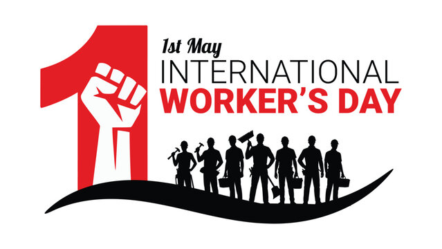 International workers day first may poster with raised fist number one and worker silhouettes symbolizing labor unity strength and workforce celebration