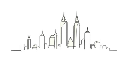 Obraz premium Sepia Cityscape. Minimalistic one-line drawing urban skyline with sepia tone aesthetic, continuous single black line on white background, simple outline style,