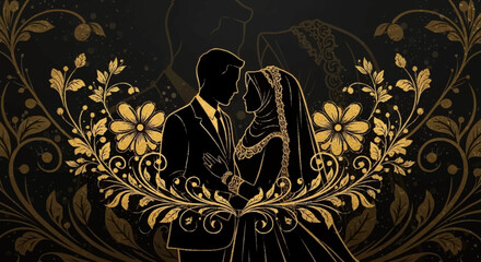 Elegant Silhouette of a Wedding Couple Adorned with Golden Floral Ornaments on a Dark Background, Symbolizing Love and Unity for a Timeless Celebration © dhanu