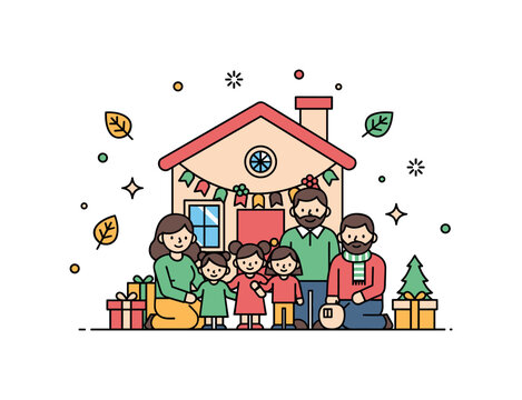 Family gathering seasonal reunion scene where relatives gather in a decorated home while small sparkle and leaf icons emphasize warmth, tradition, and familial