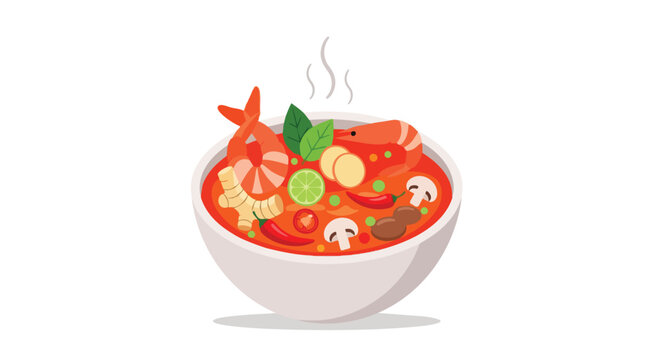 Vibrant Illustration of Flavorful Tom Yum Soup Bowl Filled with Shrimp, Vegetables, and Aromatic Herbs