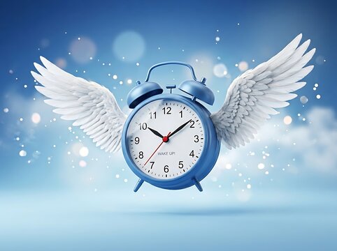 Blue alarm clock with white wings flying in the air with bokeh lights  time and wake up concept