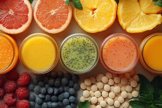 Minimal graphic layouts for advertising functional foods and colorful fruit supplements