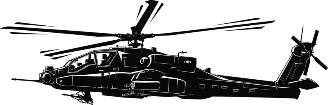Attack helicopter silhouette with detailed military aircraft design, combat chopper vector illustration isolated, aviation defense technology concept for transport, army and war related projects