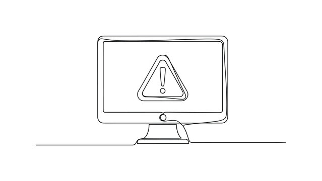 Alert Window. Minimalistic one-line drawing computer screen with triangle warning icon and message, continuous single black line on white background, simple